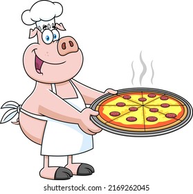 Funny Chef Pig Cartoon Mascot Character Holding A Big Pepperoni Pizza. Vector Fast Hand Drawn Illustration Isolated On White Background