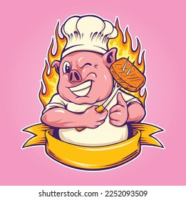 Funny chef pig logo mascot with ribbon vector illustrations for your work logo, merchandise t-shirt, stickers and label designs, poster, greeting cards advertising business company or brands