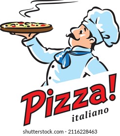 Funny chef with pizza. Emblem or logo design