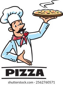 Funny chef with pizza. Emblem or logo design