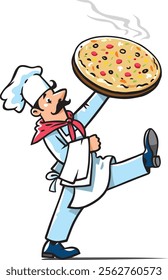 Funny chef with pizza. Emblem or logo design