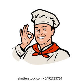 Funny chef. Restaurant or cafe logo, vector illustration