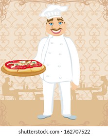 funny chef serves pizza in a restaurant