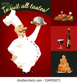 Funny chef serving dishes; Christmas set of food