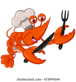 funny chef shrimp cartoon holding knife and fork