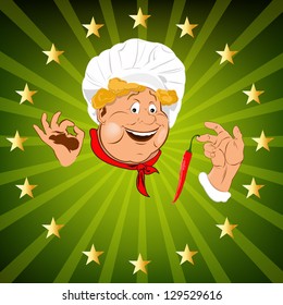 Funny Chef and Spicy burning red pepper chilli.Vector