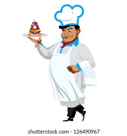 Funny Chef with sweet dessert on a white background.Vector