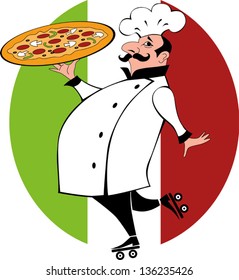  Funny chef in chef uniform on roller skates holding a pizza