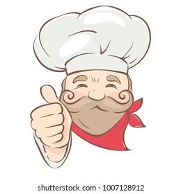 Funny Chef / Vector illustration, chef with a beard and a mustache shows a thumb