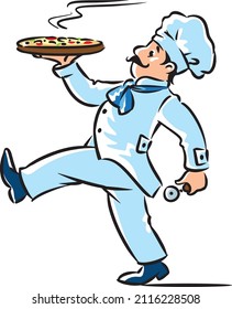 Funny chef walking with pizza. Emblem design