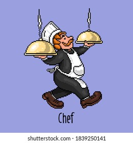 A funny chef who carries delicious dishes on restaurant metal trays under the lid. Pixel art illustration of a contented cook in uniform with a white apron and a cap. A man working in the kitchen.