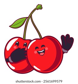 Funny cherries. Groovy retro cartoon style. Vector isolated illustration.