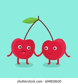 Funny cherries hold hands. Vector illustration. Flat style. Comic characters. Use for card, poster, banner, web design.