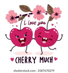 Funny cherries, I love cherries. Happy little berries in cartoon style on white background, Vector