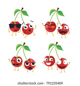 Funny cherries - vector isolated cartoon emoticons. Cute emoji set with a nice character. A collection of an angry, surprised, happy, confused, crazy, laughing, sad, male fruit on white background