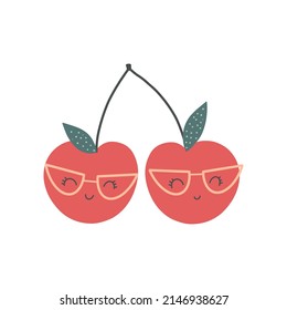 Funny Cherry Character With A Happy Face. Vector Cartoon In Simple Scandinavian Hand Drawn Style. Ideal For Printing Children's Products.