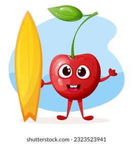 Funny cherry character  holding a surfboard