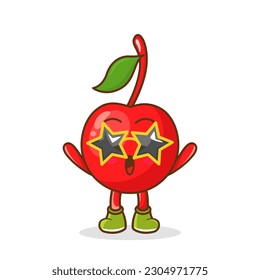 Funny cherry fruit character in star-shaped glasses having fun at party, cartoon vector illustration isolated on white background. Cartoon cherry fruit character, party mascot