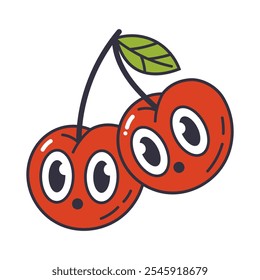 Funny cherry mascot. Cute cherries characters, comic cherry berries emoji faces flat vector illustration. Cartoon comic emoji