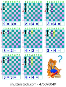 Funny chess. Exercises for children for studying multiplication table. Developing skills for counting. Vector image.