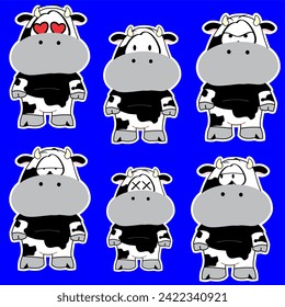 funny chibi cow child cartoon expressions collection set pack in vector format