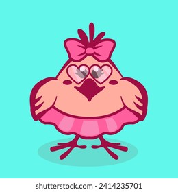 Funny chick with a bow and sunglasses. cartoon chick for St. Valentine Day