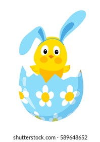 Funny chick with bunny ears band in decorated egg, Cartoon vector illustration