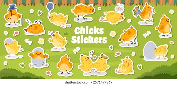 Funny chick characters stickers pack, cute Easter bird baby personages in a green field. Cartoon vector set of adorable yellow peepers are hatching, playing, holding balloon, carrying worm and bouquet