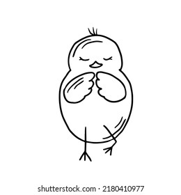 Funny chick doing yoga in doodle style. Hand drawn cute domestic bird vector illustration.