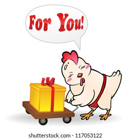 Funny chick with gift in a golden box on the trolley.