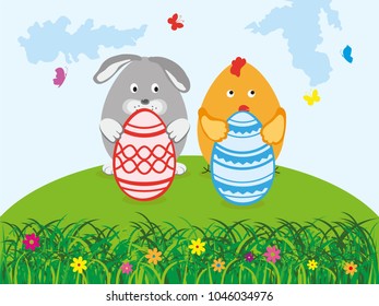 Funny chick and rabbit on the background of nature. Easter composition.