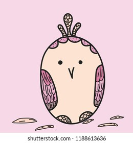 Funny, funny chick in the shape of an egg. Baby doodle sketch illustration. Color stylich kids poster. Hand drawn design for kid's card, stickers and other kid's things.