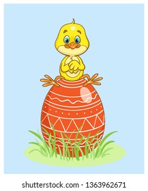 Funny chick sitting on a red easter egg. Easter card in cartoon style. Vector illustration.