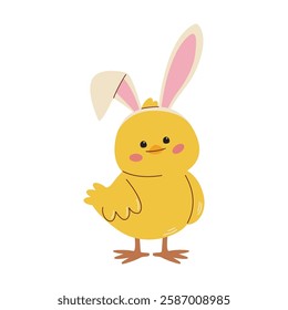 Funny chick wearing rabbit ears,  isolated on white background. Flat vector illustration