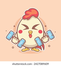 funny chicken animal character mascot doing bodybuilding using dumbbell isolated cartoon