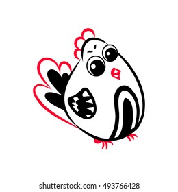 Funny chicken with big eyes. An unusual bird with red crest and tail. Vector abstract illustration on a white background