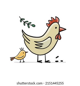 Funny Chicken character with chick isolated on white. Icon for your design