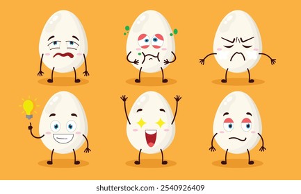 Divertido huevo de pollo de dibujos animados con diferentes expresiones Ilustración vectorial