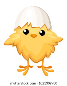Funny chicken in egg for easter decoration cartoon vector flat clipart yellow bird in an egg shell vector illustration on white background.