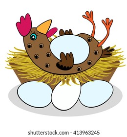 Funny chicken with egg on isolated background. Vector illustration
