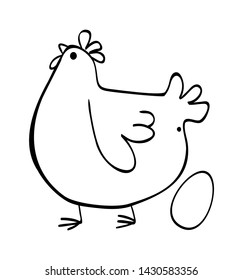 funny chicken with egg, vector image, linear, primitive