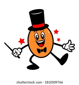 Funny chicken egg wearing magician hat and bow tie performs magic with wand. Magic Cartoon Vector