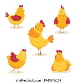 Funny chicken. The graphic illustration is isolated on a white background. Poultry for printing postcards, fabrics, textiles, children's assignments