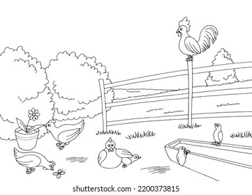 Funny chicken hen farm bird yard graphic black white landscape sketch illustration vector