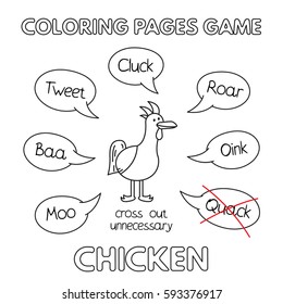Funny chicken kids learning game. Vector coloring book pages for children