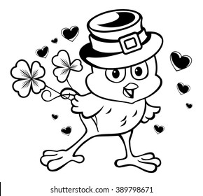 Funny chicken in the leprechaun hat. Vector clip art.