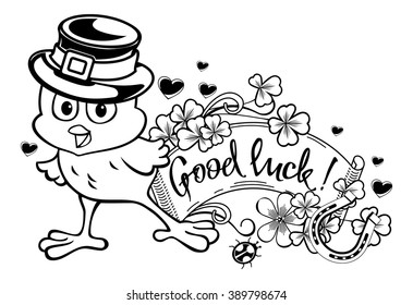 Funny chicken in the leprechaun hat. Vector clip art.