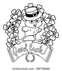 Funny chicken in the leprechaun hat. Vector clip art.