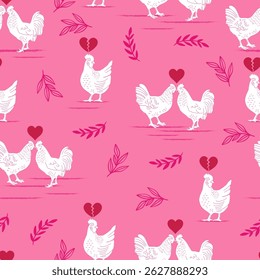 Funny Chicken Love Triangle Valentine Vector Seamless Pattern