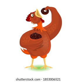 Funny chicken loves to eat donuts very much